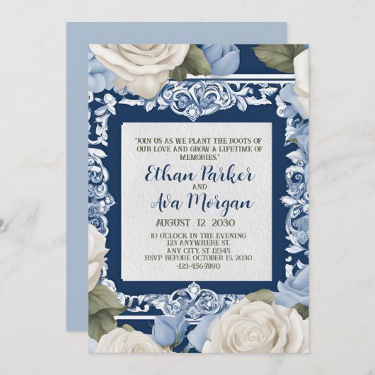 Blauw en Wit Rose Wedding Design Kaart (Voorkant / Achterkant)