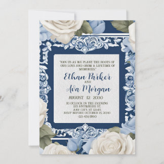 Blauw en Wit Rose Wedding Design Kaart