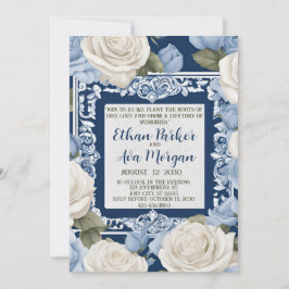Blauw en Wit Rose Wedding Design Kaart