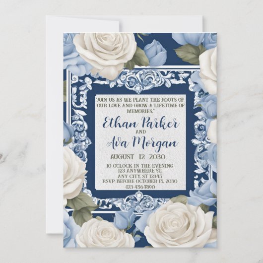 Blauw en Wit Rose Wedding Design Kaart (Voorkant)