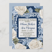 Blauw en Wit Rose Wedding Design Kaart (Voorkant / Achterkant)