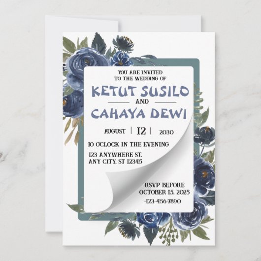 Blauw en Wit Rose Wedding Design Kaart (Voorkant)