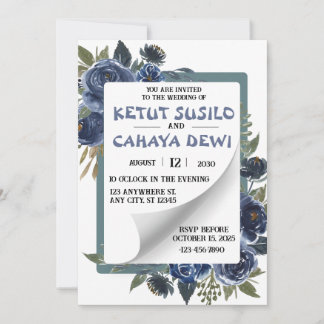 Blauw en Wit Rose Wedding Design Kaart