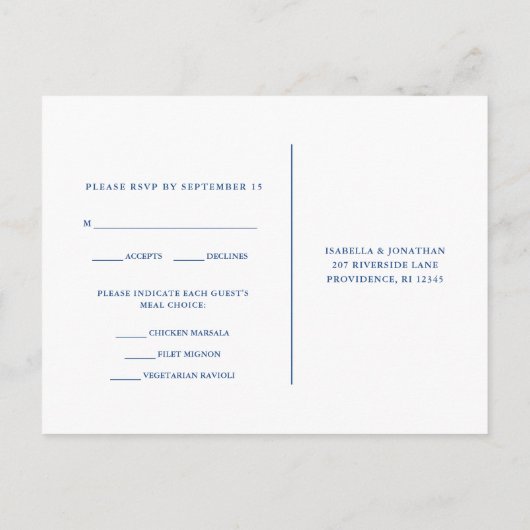 Blauw en Wit Rsvp met Script Maaltijd Keuze Uitnodiging Briefkaart (Achterkant)