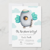 Blauw en wit ruimteschip met vochtig Baby shower Kaart (Voorkant)