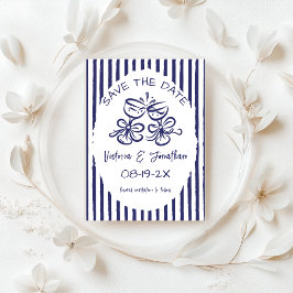 Blauw en Wit Rustieke Bruiloft Save The Date