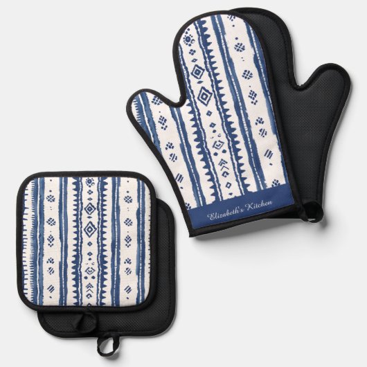 Blauw en Wit, Sashiko patroon Ovenwant & Pannenlap Set (Voorkant / Achterkant)