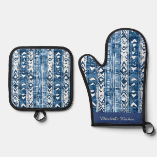 Blauw en wit Sashiko patroon Ovenwant & Pannenlap Set