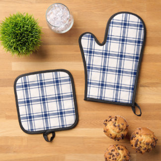 Blauw en wit scheepsplaid ovenwant & pannenlap set