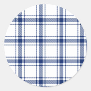 Blauw en wit scheepsplaid ronde sticker