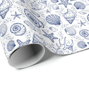 Blauw en wit schelp cadeaupapier