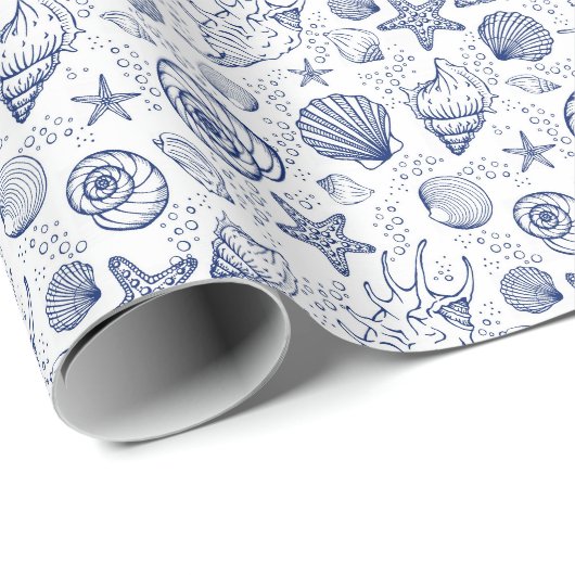 Blauw en wit schelp cadeaupapier (Rol Hoek)