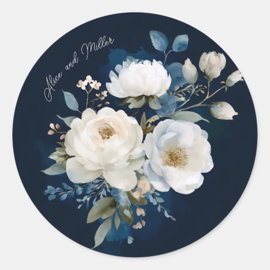 Blauw en Wit Schilderachtig Bloemstuk Bruiloft Bed Ronde Sticker (Voorkant)
