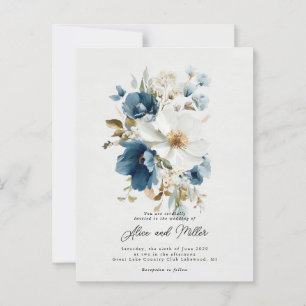 Blauw en wit schilderachtige bloemenbruiloft briefkaart