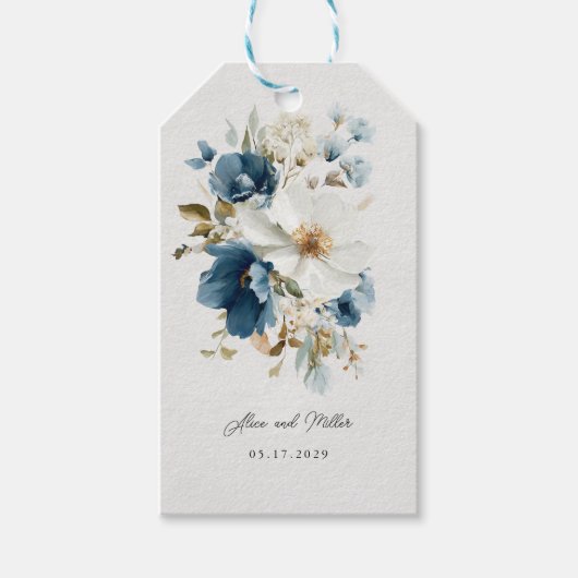 Blauw en wit schilderachtige bloemenbruiloft cadeaulabel (Voorkant)