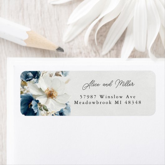 Blauw en wit schilderachtige bloemenbruiloft etiket (Insitu)