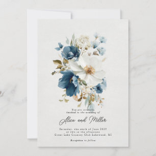 Blauw en wit schilderachtige bloemenbruiloft kaart