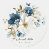 Blauw en wit schilderachtige bloemenbruiloft ronde sticker (Voorkant)