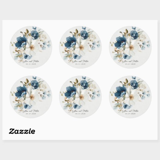 Blauw en wit schilderachtige bloemenbruiloft ronde sticker (Vel)