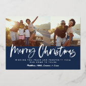 Blauw en wit script, veelzijdige kerstfoto folie feestdagenkaart (Voorkant)