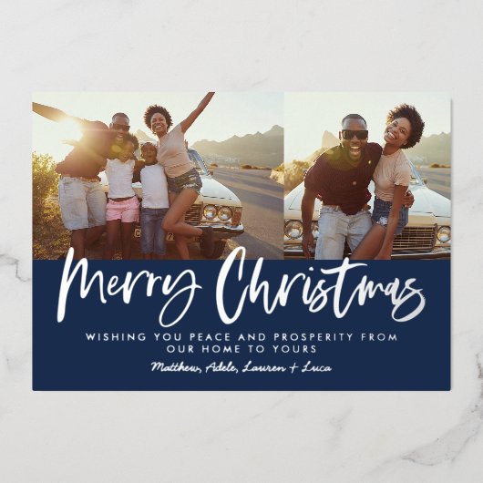 Blauw en wit script, veelzijdige kerstfoto folie feestdagenkaart (Voorkant)