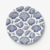 Blauw en wit Seashell Clam Shell Beach Borden Papieren Bordje (Voorkant)