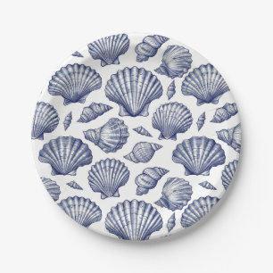 Blauw en wit Seashell Clam Shell Beach Borden Papieren Bordje