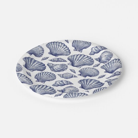 Blauw en wit Seashell Clam Shell Beach Borden Papieren Bordje (Gekanteld)