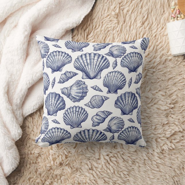 Blauw en Wit Seashell Clam Shell Beach Decor Kussen (Deken)