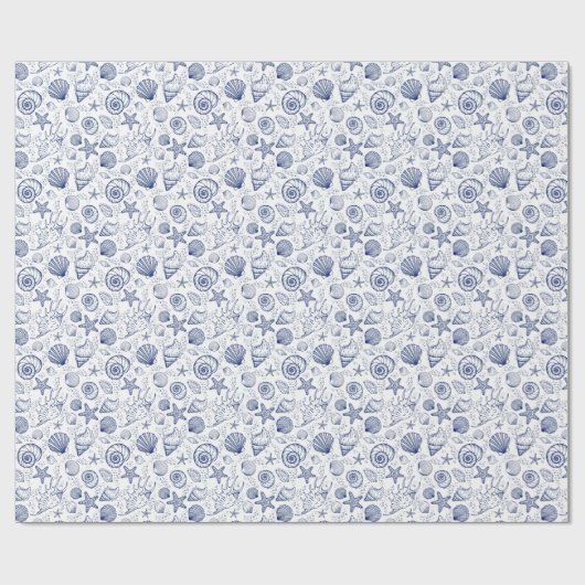 Blauw en Wit Seashell Zeester Wrapping Papier (Vlak)