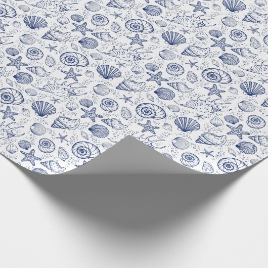 Blauw en Wit Seashell Zeester Wrapping Papier (Hoek)