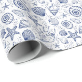 Blauw en Wit Seashell Zeester Wrapping Papier (Rol Hoek)
