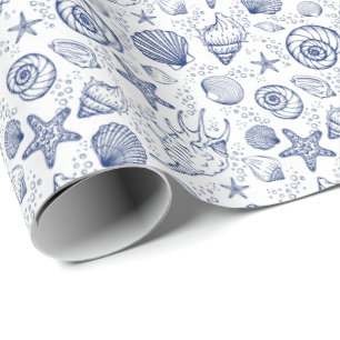 Blauw en Wit Seashell Zeester Wrapping Papier