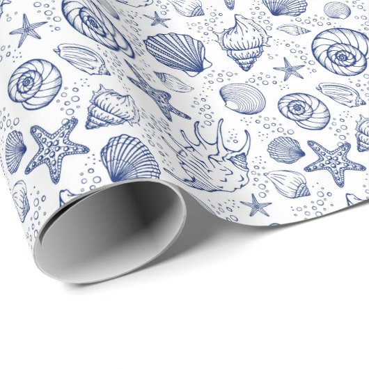 Blauw en Wit Seashell Zeester Wrapping Papier (Rol Hoek)