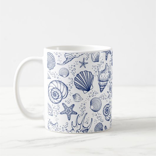 Blauw en Wit Seashell Zeestervis Nautische Mok (Links)