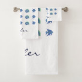 Blauw en Wit Shell Visnaam Strandhuis Bad Handdoek (Insitu)