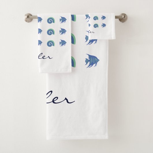 Blauw en Wit Shell Visnaam Strandhuis Bad Handdoek (Insitu)
