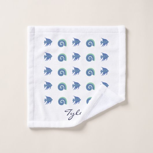 Blauw en Wit Shell Visnaam Strandhuis Bad Handdoek (Wasdoekje)