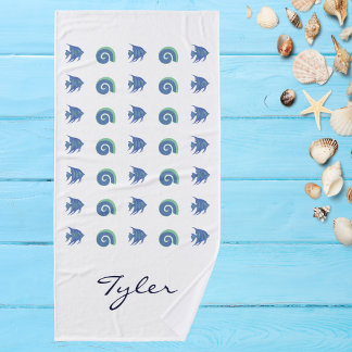 Blauw en Wit Shell Visnaam Strandhuis Bad Handdoek