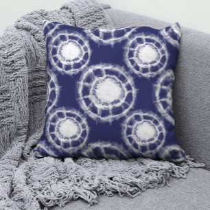 Blauw en wit Shibori-cirkelpatroon  Kussen