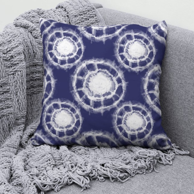 Blauw en wit Shibori-cirkelpatroon  Kussen (Creator heeft geüpload)