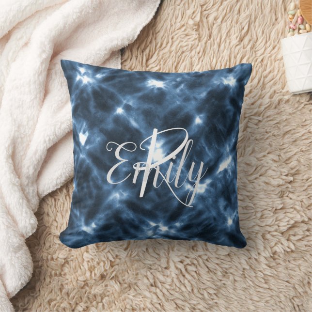 Blauw en wit Shibori Tie Dye Monogram Kussen (Deken)