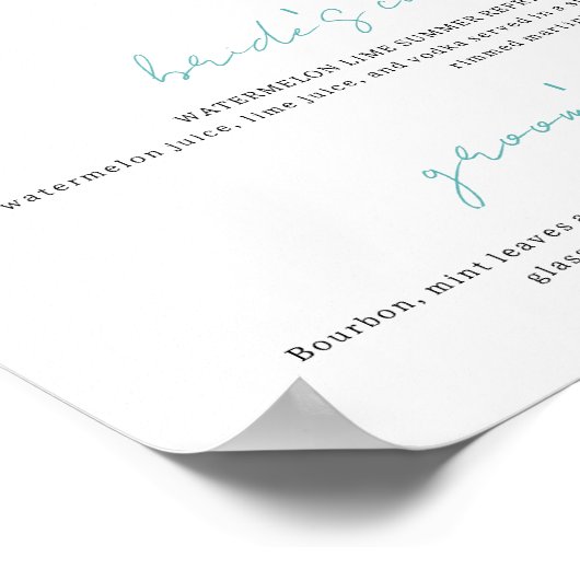 Blauw en wit Signature Drinken Bruiloft Bar Poster (Hoek)