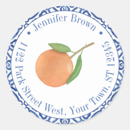 Blauw En Wit Sinaasappel Mandarijn Retouradres Ronde Sticker