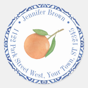 Blauw En Wit Sinaasappel Mandarin Retouradres Ronde Sticker