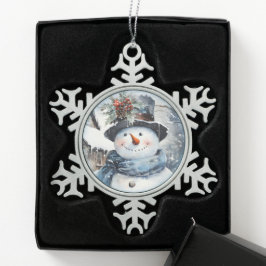 Blauw en wit Sneeuwmangezicht Tin Sneeuwvlok Ornament