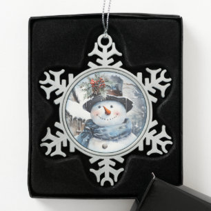 Blauw en wit Sneeuwmangezicht Tin Sneeuwvlok Ornament