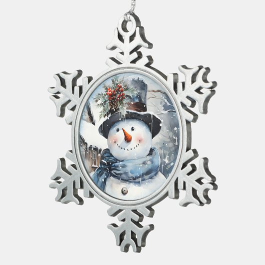Blauw en wit Sneeuwmangezicht Tin Sneeuwvlok Ornament (Rechts)