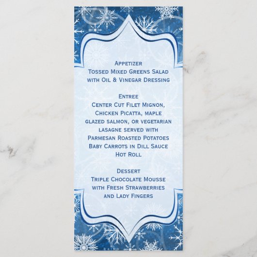 Blauw en Wit Sneeuwvlokken Bruiloft Menu Kaart (Achterkant)