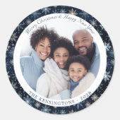  Blauw en Wit Sneeuwvlokken Kerstmis Foto Ronde Sticker (Voorkant)